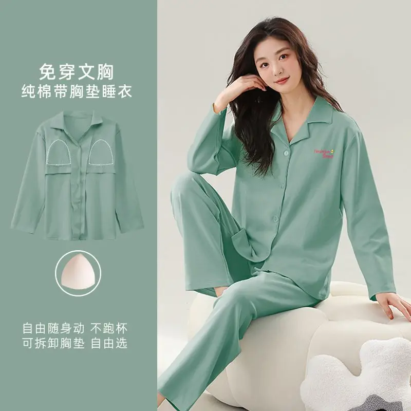 100% Cotton Pajamas Women's Winter Autumn Pijama Mujer with Chest Pads Long-sleeved Cardigan Lapel Large-size Loungewear 2pcs