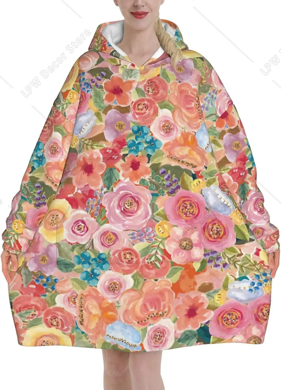 Pink Watercolour Flowers Blanket Style Hoodies Suit Hooded Sweatshirt Lounging Pullover