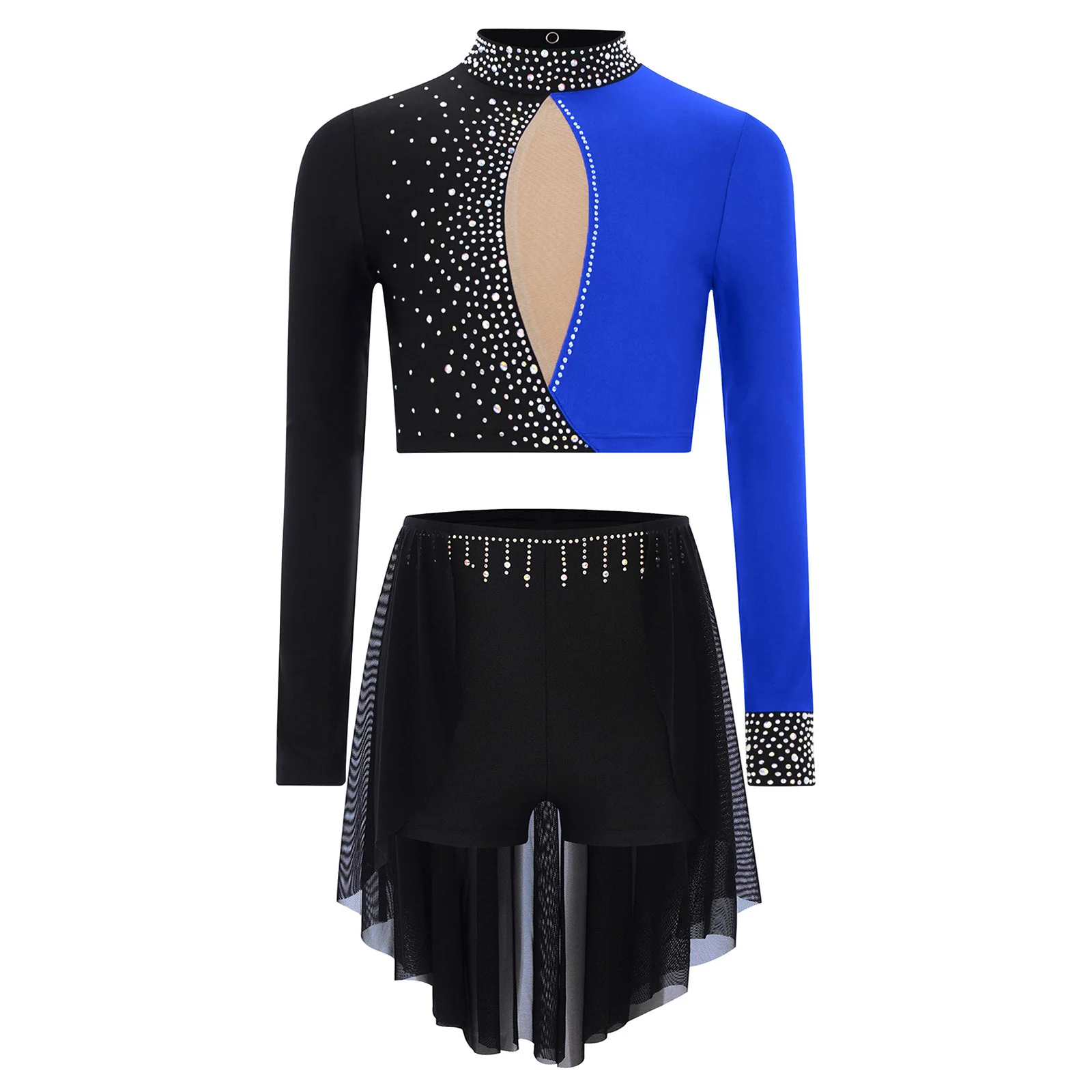 

Kids Girls Lyrical Dance Outfit Long Sleeve Shiny Rhinestones Crop Top+Skirt Set Gymnastics Figure Skating Performance Dancewear