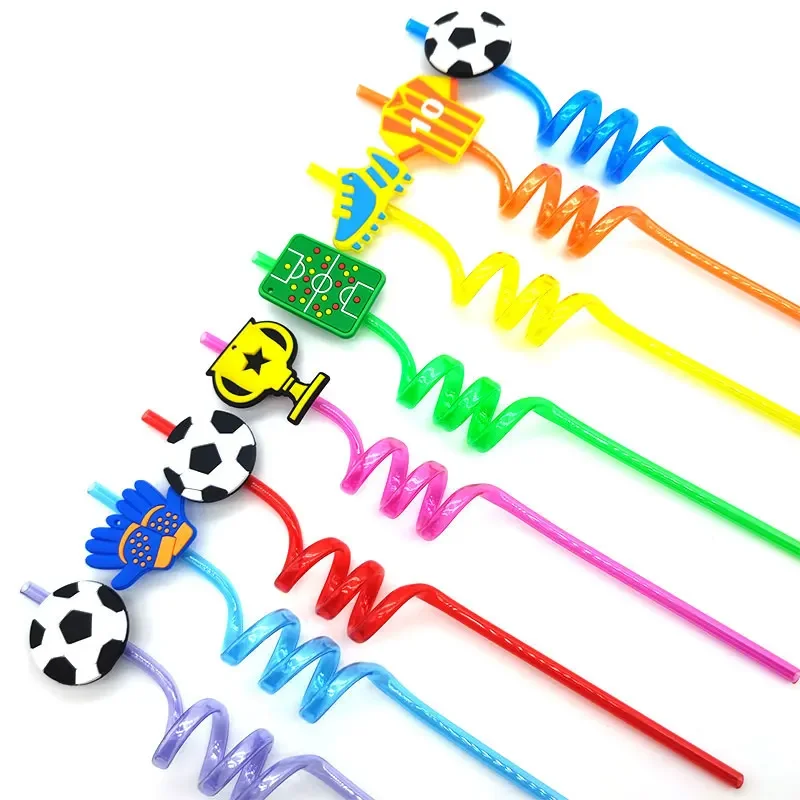 8pcs 26cm Sport Boy Soccer Ball/basketball/volleyball Straws Cartoon Reusable Plastic Spiral Drink Straw Birthday Party Decors