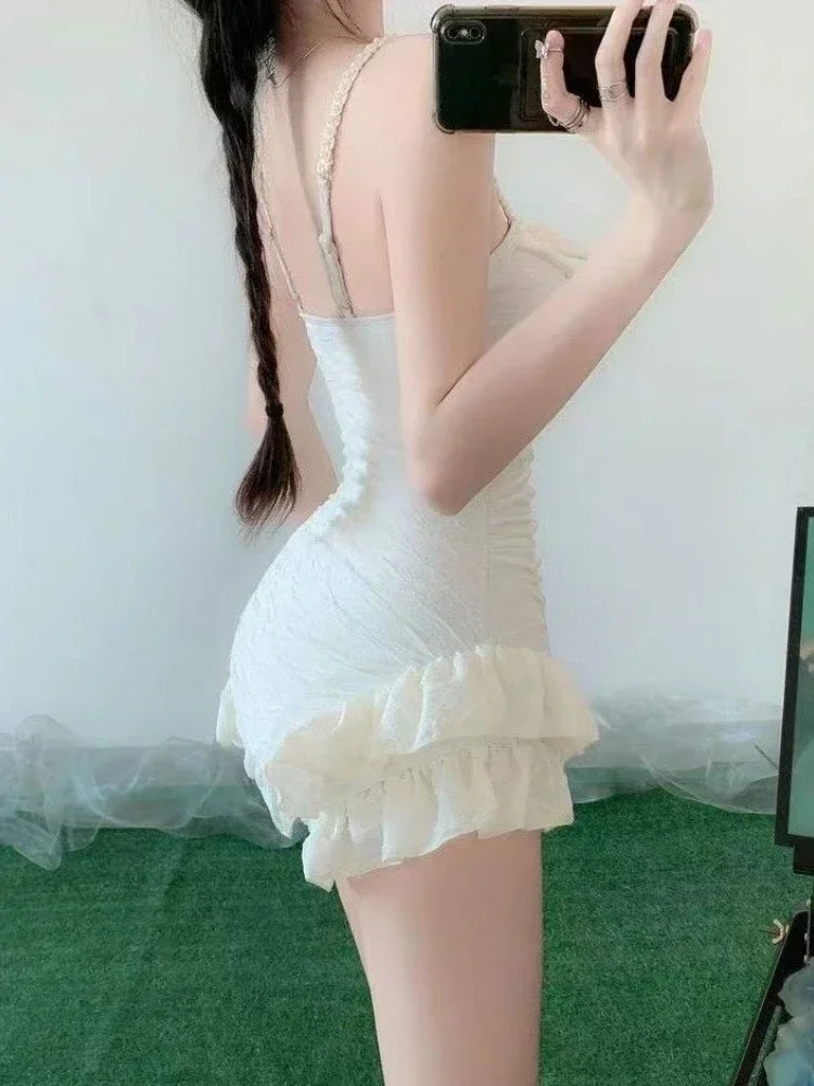 2025 nuevo traje de baño de una pieza de playa de verano Sexy volantes sólido Spaghetti Strap Vestido de playa mujeres de cintura alta Slim estilo de playa Bikini