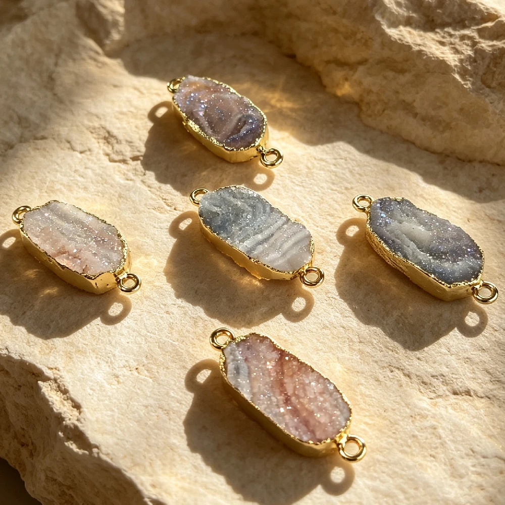 Oval Druzy Geode Connector Charms Natural Raw Slice Stone Double Loop Golden Plated Bezel DIY Bracelet Fitting P2D1061