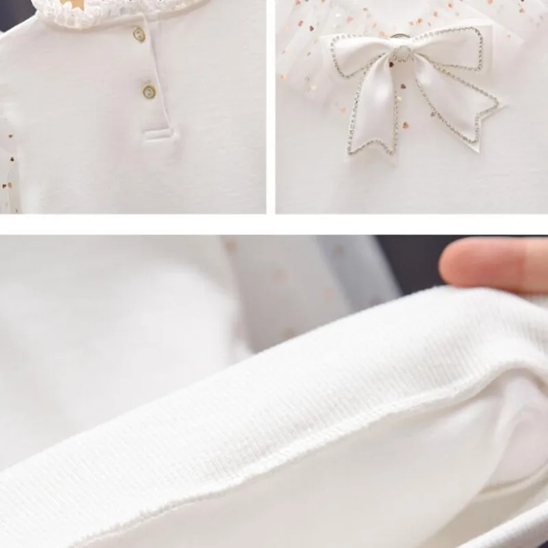 White Bow Lace Long Sleeve Shirts Kids Pullover Tops Children Clothes 3-12 Years Spring Autumn Toddler Teen Girls Cotton Blouse