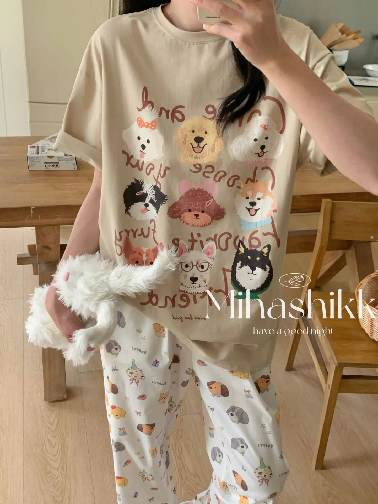 

New Cotton Pajamas Women Dogs Print Two Pieces Short Sleeve Shorts Pants Elastic Waist Lounge Sleepwear Loose 57911