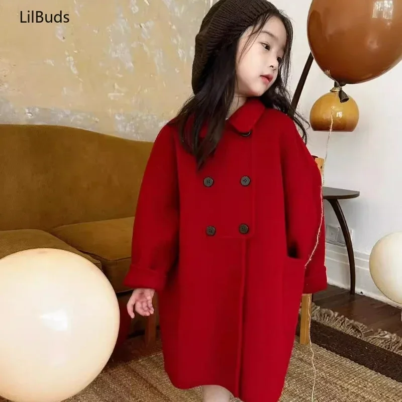 2024 Children Wool Double-Sided Velvet Handmade Top Clothes Korean Kids Girls Coat Double Row Outerwear Winter Autumn Clothing