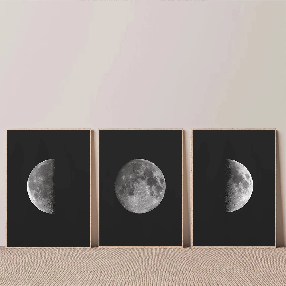 1pc frameless Canvas Painting Black and White Moon Phase Posters, Aesthetic Canvas Painting Prints,  Wall Picture for Living Roo