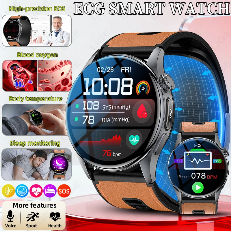 

LIGE 2026 Smart Watch AMOLED Screen Accurate ECG EDA Body Temperature HRV Monitor Weather Health Watch Smart Ring Men's Watches
