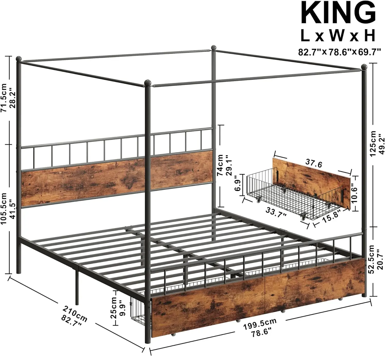 LIKIMIO Canopy Bed Frame King with Wooden Headboard and Drawer, King Size Bed Frame with 4 Removable Sturdy Posts, Noise Fr