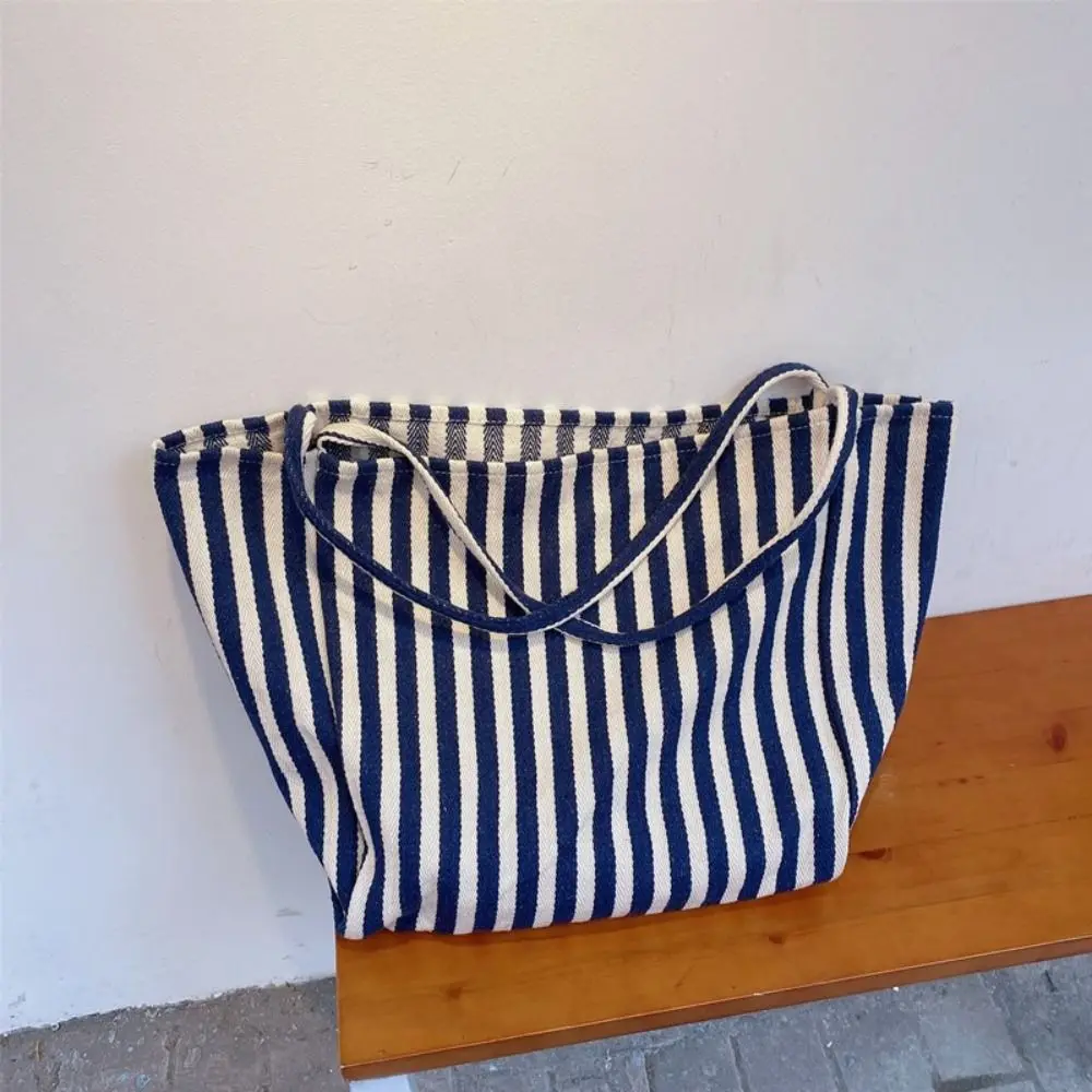 

Simple Multifunctional Stripe Handbag Large Capacity Korean Style Canvas Shoulder Bag Tote Bag Square Shopping Bag Daily