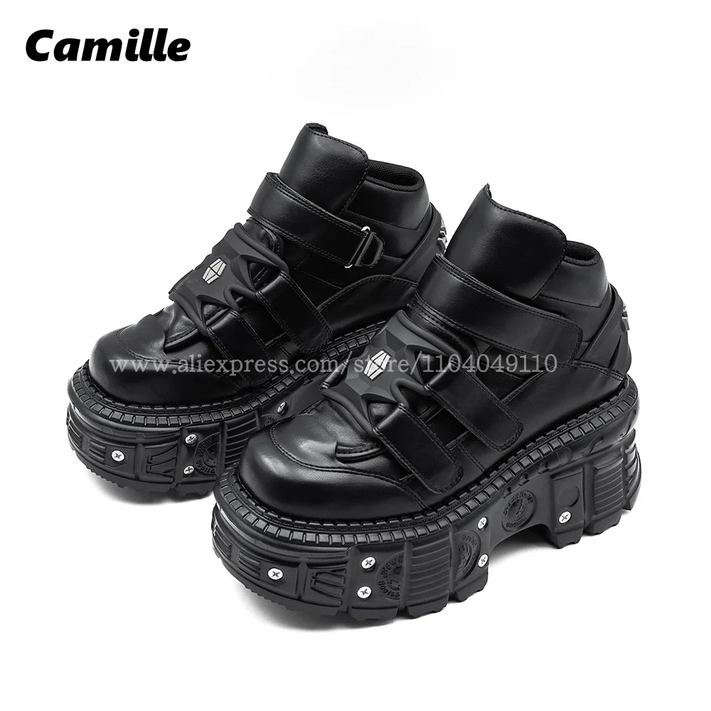 

Black Punk Style Chunky Heel Hook&Loop Casual Boots Large Size New Fashion INS Casual Shoes Round Toe 9CM Heel Cool Girl Boots