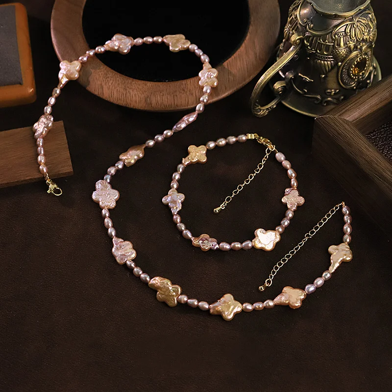 

Purple Baroque Pearls Jewelry Set Flower Shaped Freshwater Pearl Necklace & Bracelet Adjustable Chain Luxury Jewelry for Women