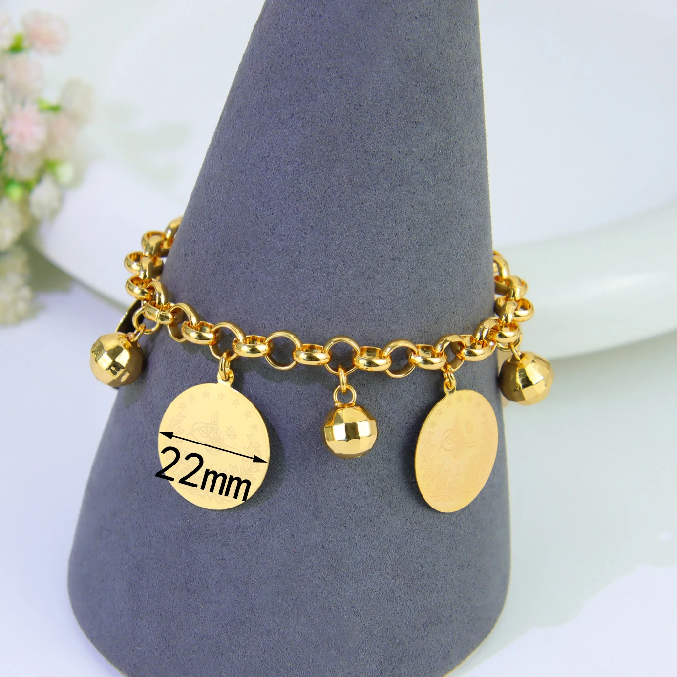 Klassisches arabisches Goldmünzen-Anhänger-Armband, 21 Karat vergoldet, Algerien, Brautmode, Handketten, Dubai, Damen, Hochzeit, Party-Schmuck – Detail 14