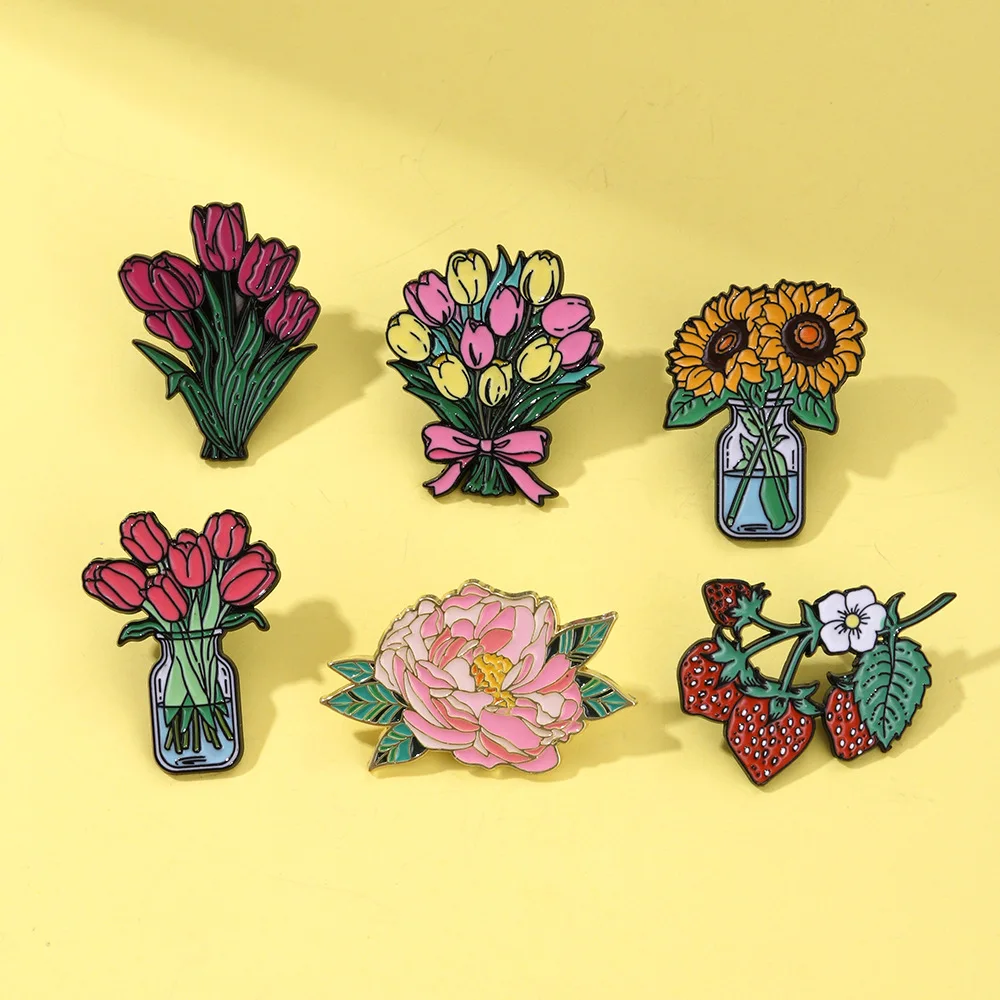 

Exquisite Peony Brooch Alloy Enamel Pin Decoration Tulip Strawberry Sunflower Badge DIY Clothes Bags Shoes Hat Scarf Jeans