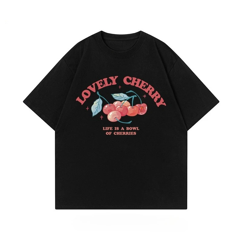 

Fashion Creative Design Sense Cherry Print Couple Street Versatile Loose Retro Short-sleeved T Men's and Women's Trend Top