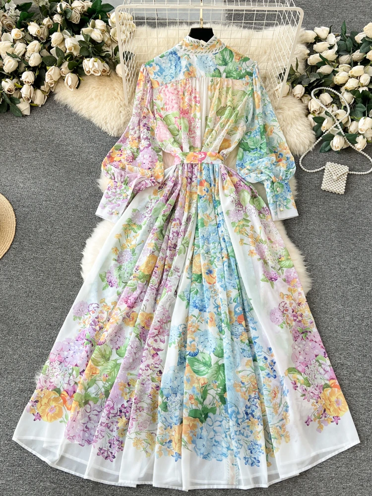 Temperament Woman Dress Vintage Floral Sweet Robe Vestido Femme Bandage Slim Waist Bohemian Maxi Dress 2024 Vestidos De Mujer Wj