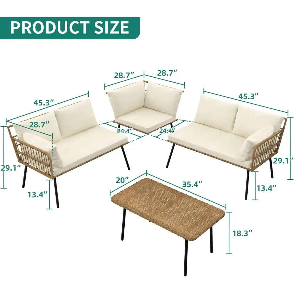 4 Pieces Patio Furniture Set with 5 Seater for Backyard, Porch, Boho Detachable Lounger with Cushions and Side Table