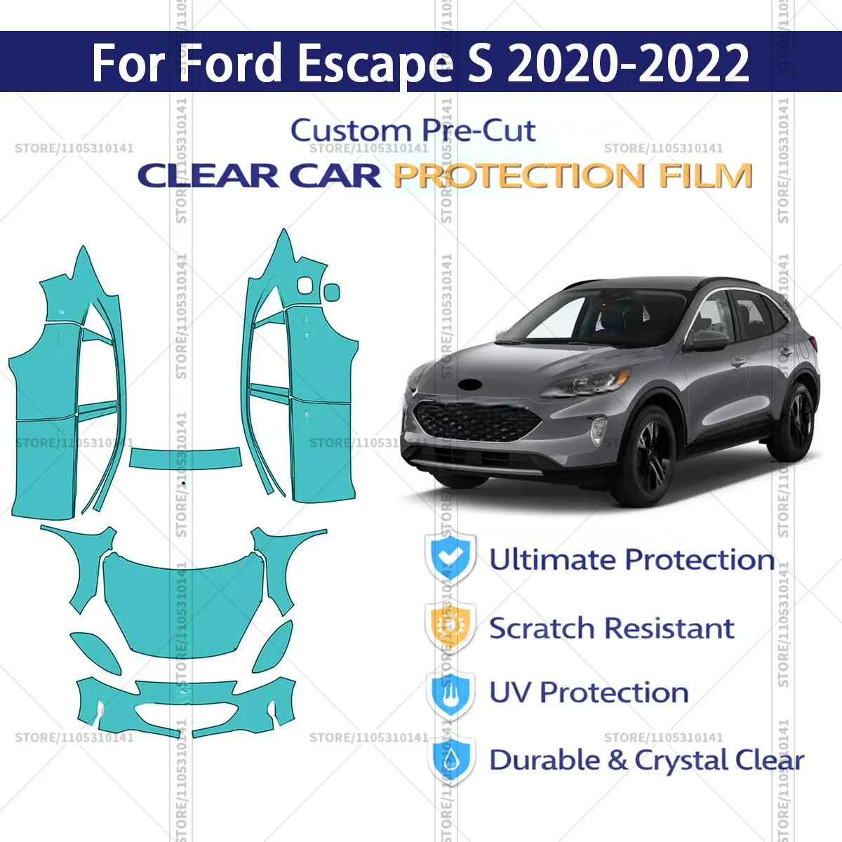 

Предварительно нарезанная прозрачная защитная пленка PPF для автомобиля, комплект для передней части кузова (двери) Ford Escape S 2020-2022