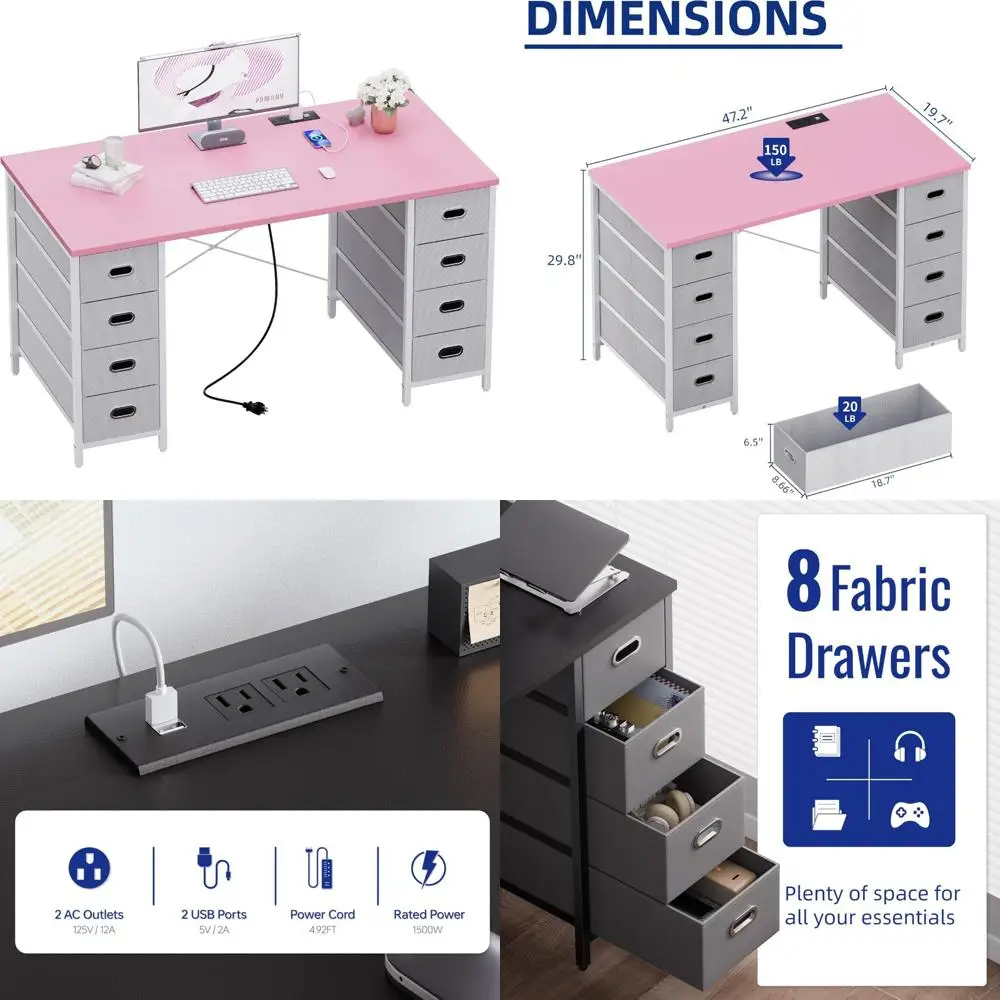 مكتب كمبيوتر للألعاب مقاس 47 بوصة مع 8 أدراج قماشية، وطاولة كتابة للدراسة في المكتب المنزلي لغرفة النوم، ومكتب كمبيوتر وردي مع مساحة تخزين #1