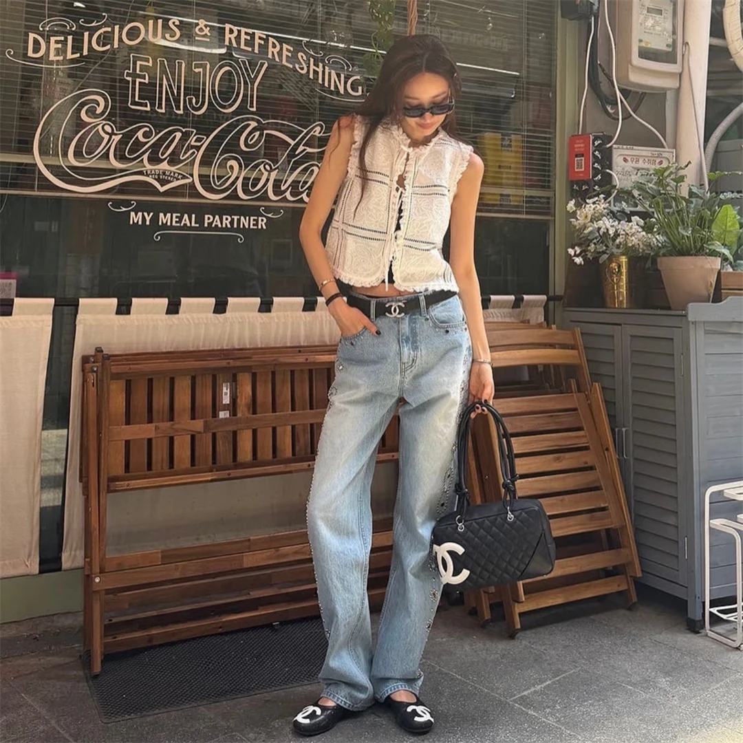 

Fashionable Korean Embroidered Lace Trim Vest Sweet Spring Top Women's Cotton Sleeveless round Neck Cardigan