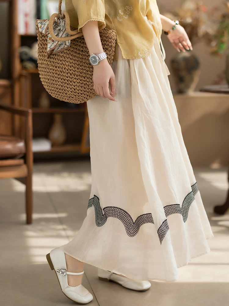 

Женская льняная юбка-миди Cyu White Wave А-силуэта, дышащая, утягивающая, в художественном ретро-стиле, с высокой талией, свободного кроя, весенняя