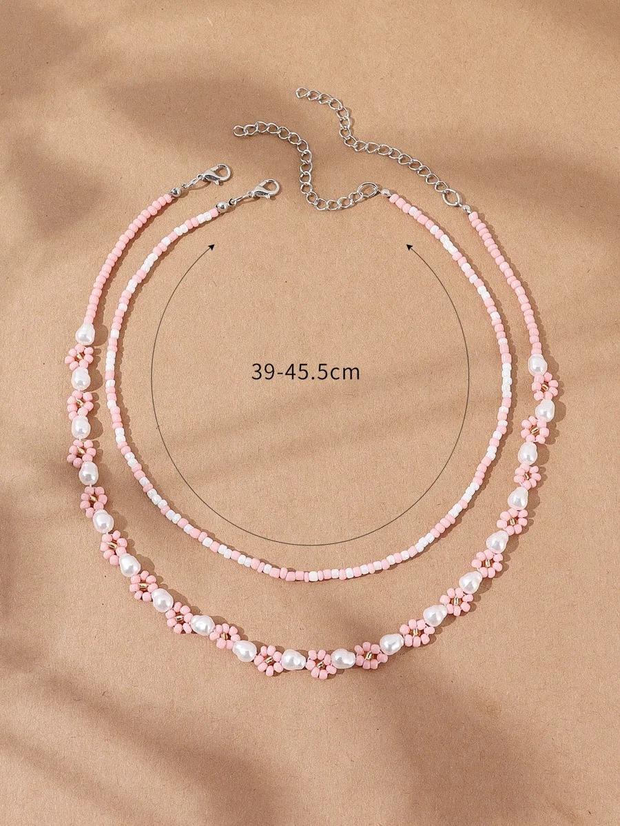 

2pcs Bohemian Beaded Pearl Flower Necklace Set For Women Handmade Choker Jewelry