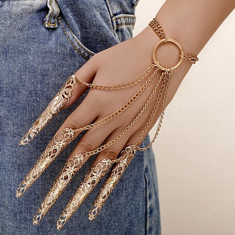 Gothic Retro Hollow Pattern Bracelet For Women Punk Kpop Nail Chain Ring Bracelet Long Ghost Finger Mittens Claw Party Accessory