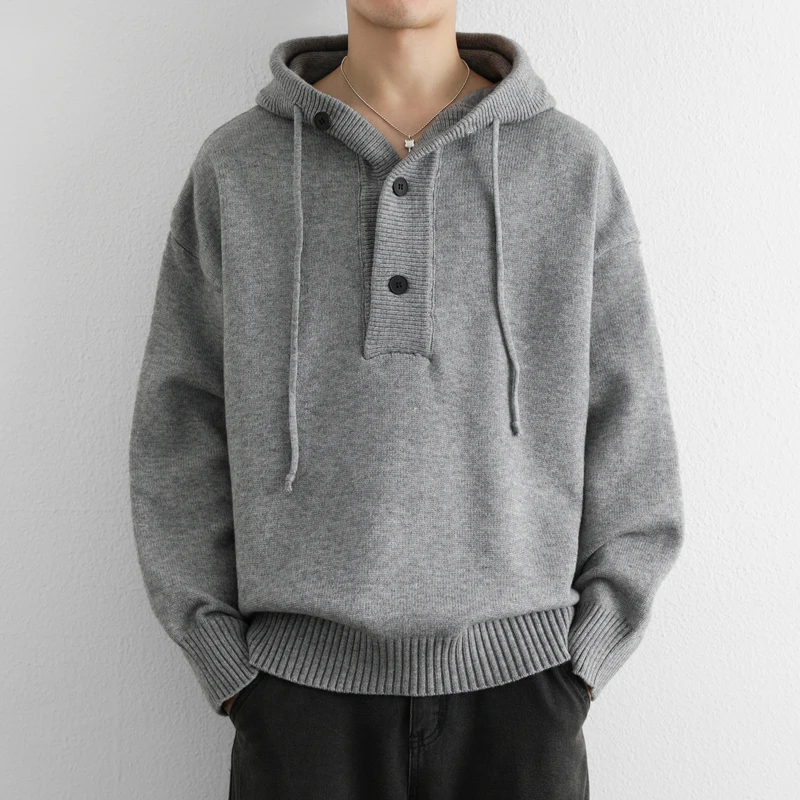 Men's Knitted Hooded Henley Sweatshirt Loose Fit Streetwear Pullover Solid-Color Unisex Pullover Sweater