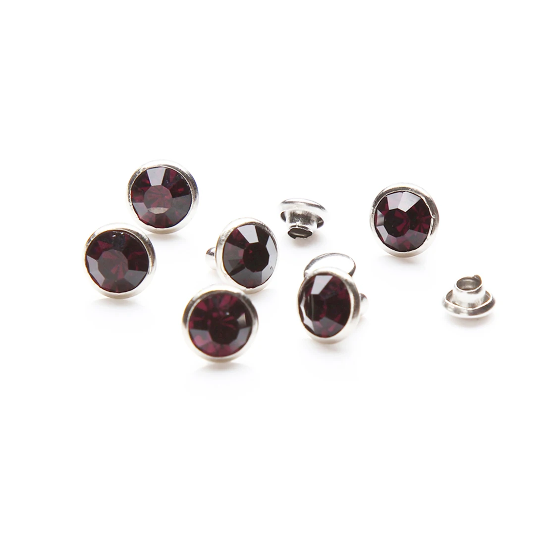 100Sets 6mm&8mm Amethyst Crystal Rhinestone Rivets Studs Silver Metal Base for Clothing Bag Leathercraft Rivet