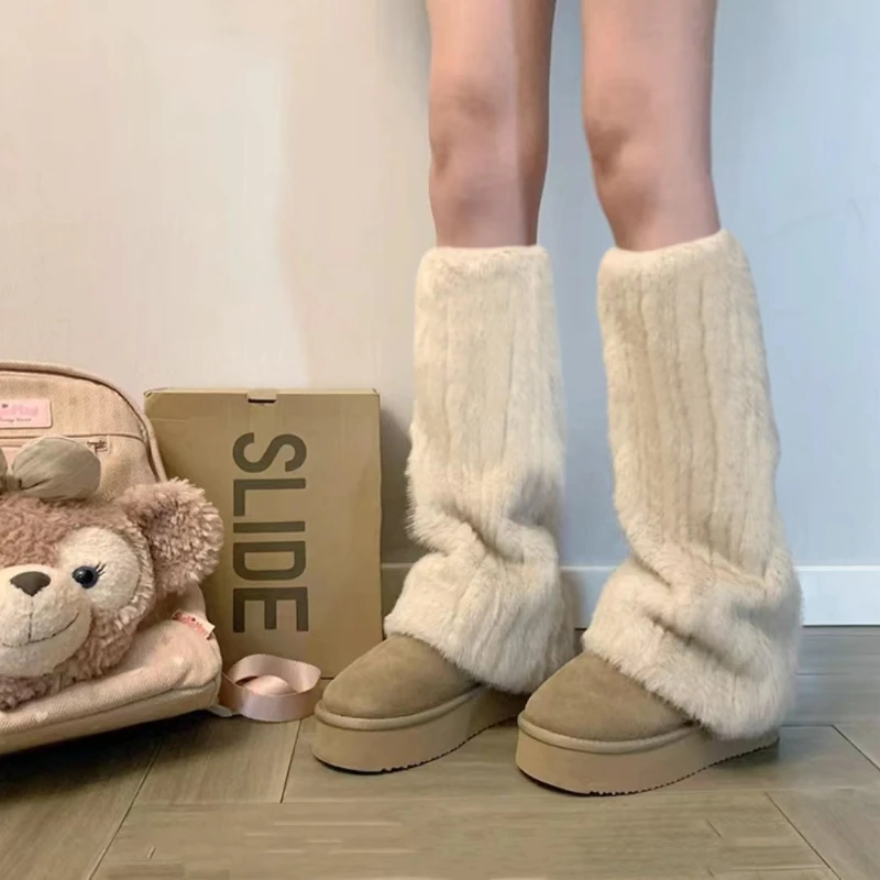 Faux Fur Foot Warmers Kawaii Fluffy Socks Jk Uniform Student Winter Plush Legging Anti-Slip Boots Leg Warm Pile Socks