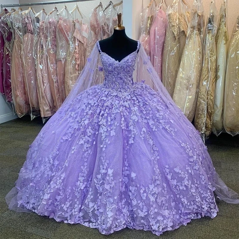 

2024 Lilac lavender Butterfly Quinceanera Dresses With Cape Beads Tull Sweet 16 Dress Mexican Prom Gowns Vestidos 15 De XV Anos