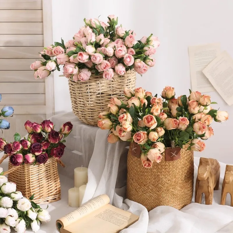 7 Heads Vintage Baked Edge Roses Artificial Flowers Fire Roasted Roses Fake Flowers Silk Flowers Wedding Home Decoration