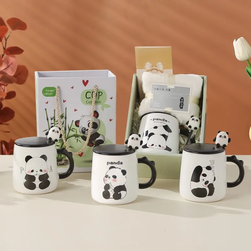 Makeup Ceramic Cup Creative Cartoon Water Cup Office Coffee Cup Handheld Gift Panda Mascot Souvenir Gift Towel Handheld fan