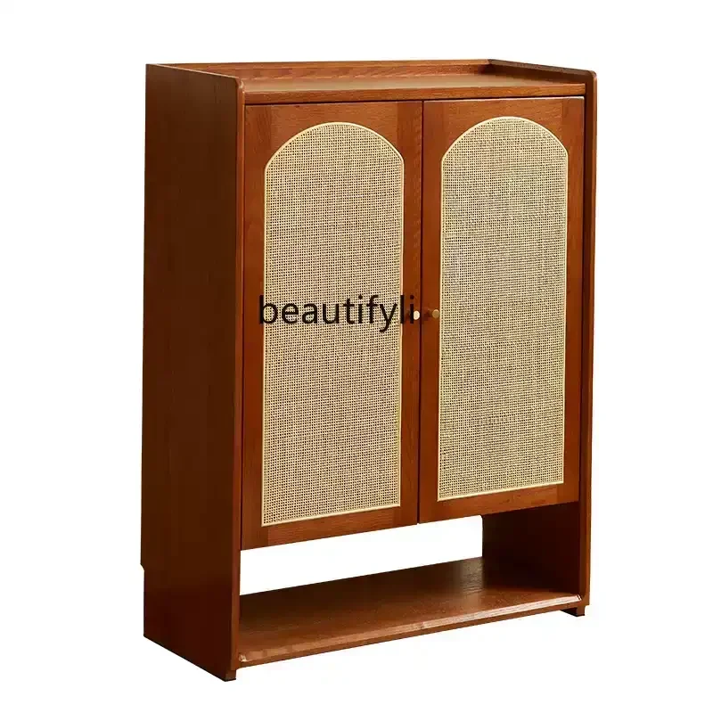 French retro solid wood rattan shoe cabinet household integrated coat hook wall storage cabinet