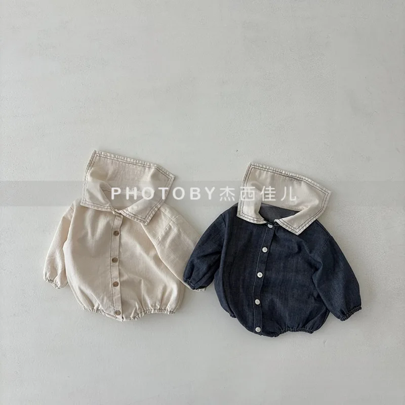 

Newborn Kids Casual Rompers 2025 New Korean Fashion Daily Sailor Collar Long Sleeve Solid Color Bodysuits Infant Boys Girls