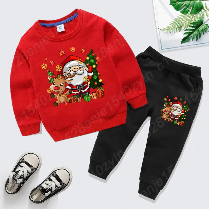 Santa Claus & Reindeer & Christmas Tree Graphic Print Sweatshirt Sets, Cute Cartoon Girls Comfy Clothes For Christmas As Gifts