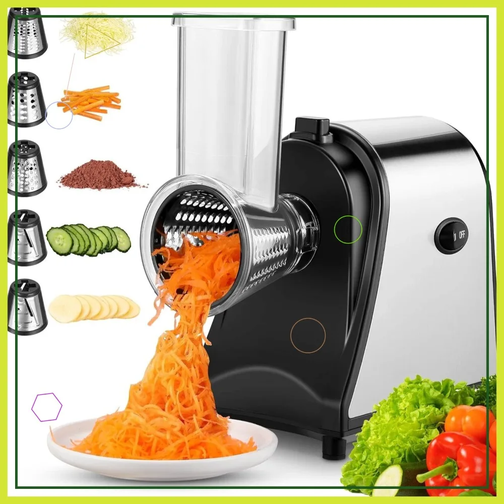 

250W 5-in-1 Electric Cheese Grater and Vegetable Slicer for Veggies, Carrots, Potatoes - Professional Shredder