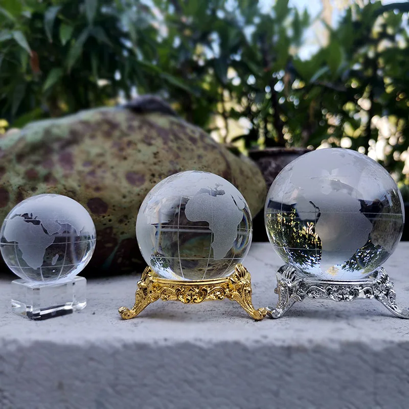 Crystal Round Earth Globe World Map Glass Ball Paperweight With Stand Crystals Sphere Home Desk Decor Ornaments Astronomy Crafts