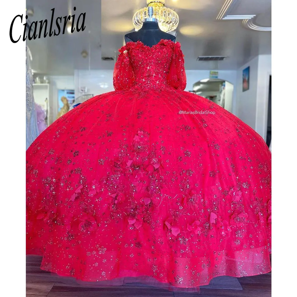 Red Long Sleeve Crystal Sequined Quinceanera Dress Ball Gown 3D Flowers Beading Appliques Corset Vestido De 15 Anos