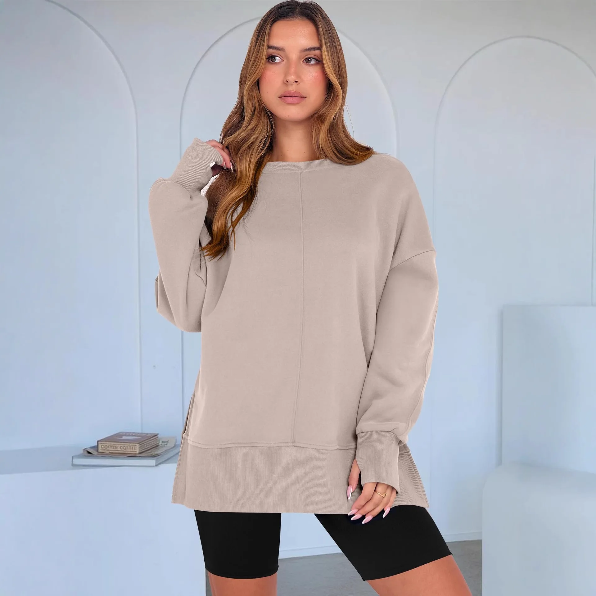 Loose Long Sve Hoodie Pure Color Spor round Ne Pullover Faionable Casual Top for Women Comfortable Streetwear