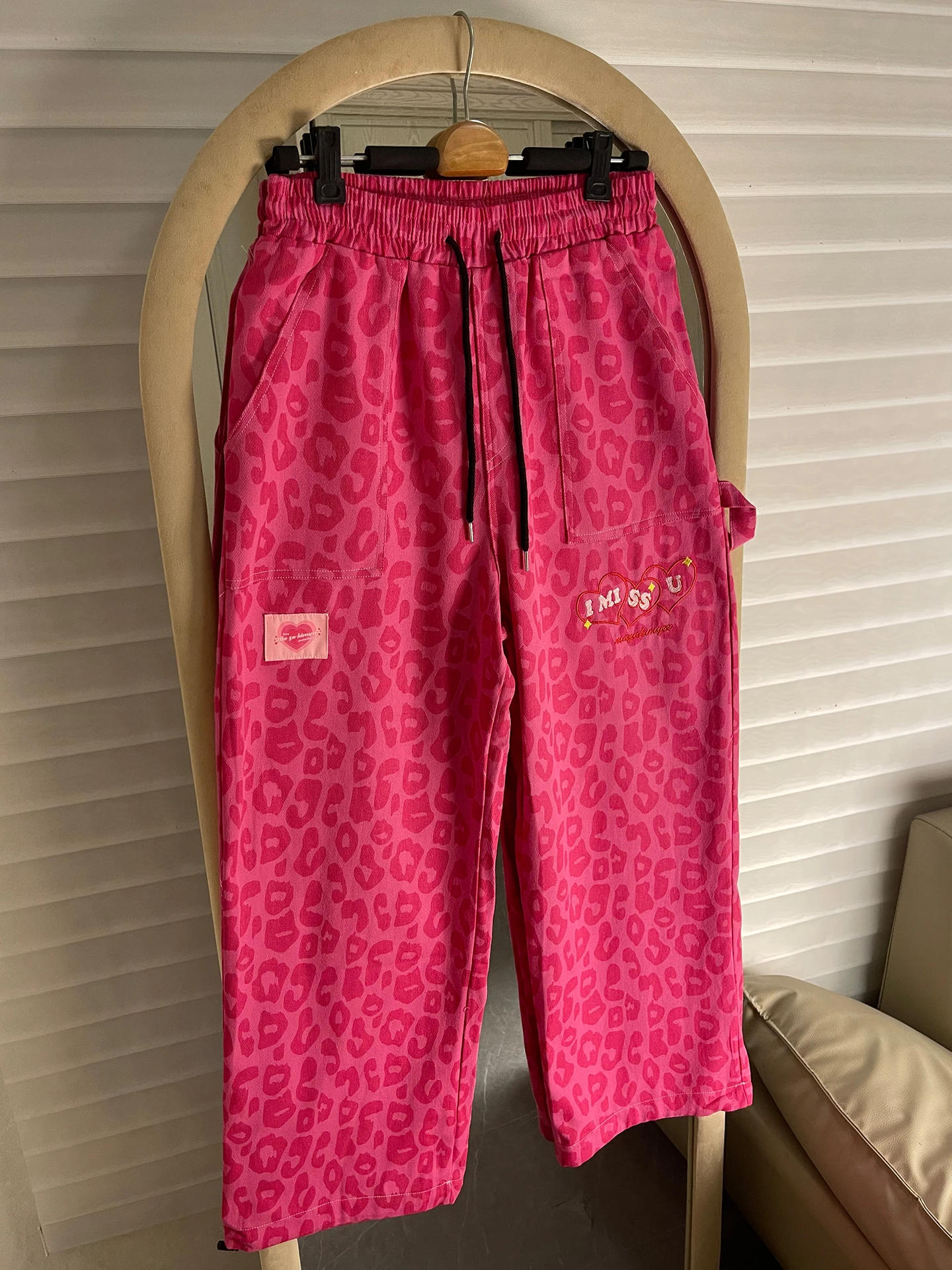 

American High Street Sle Loose Straight Leg Denim Pants Leopard Print ex Trendy Vintage Design Long Floor-Length Trousers