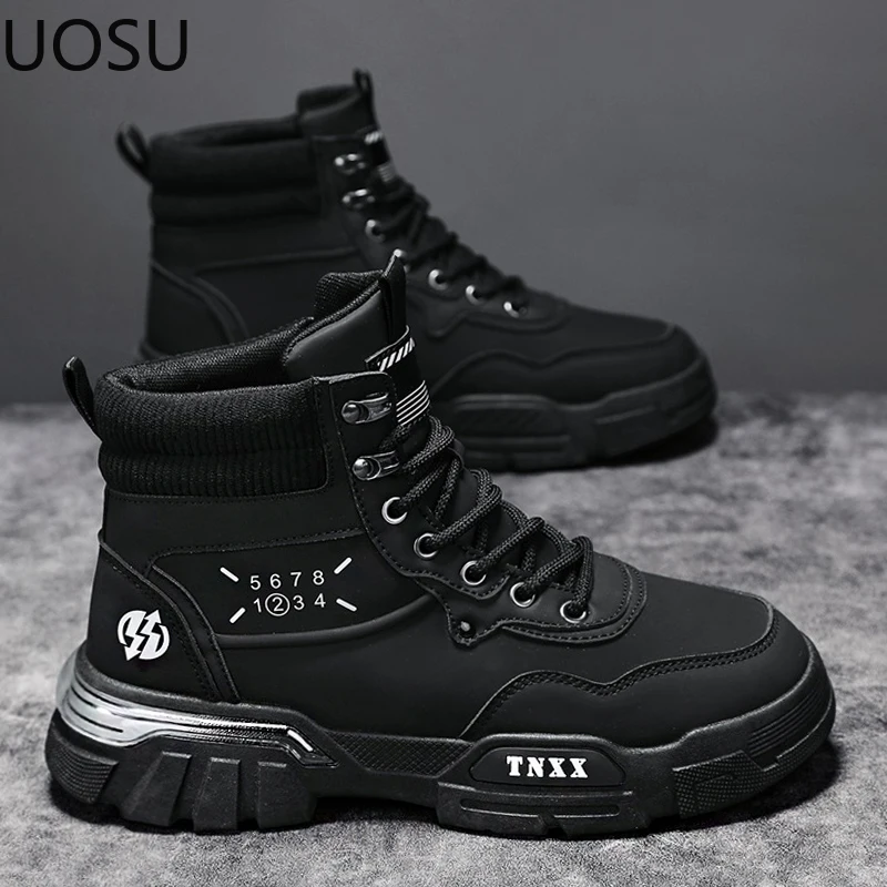 New High Boots Motorcyclist Boots Trendy Lace-up All-match Popular Model Thick Bottom UOSU British Style High Tops New Style