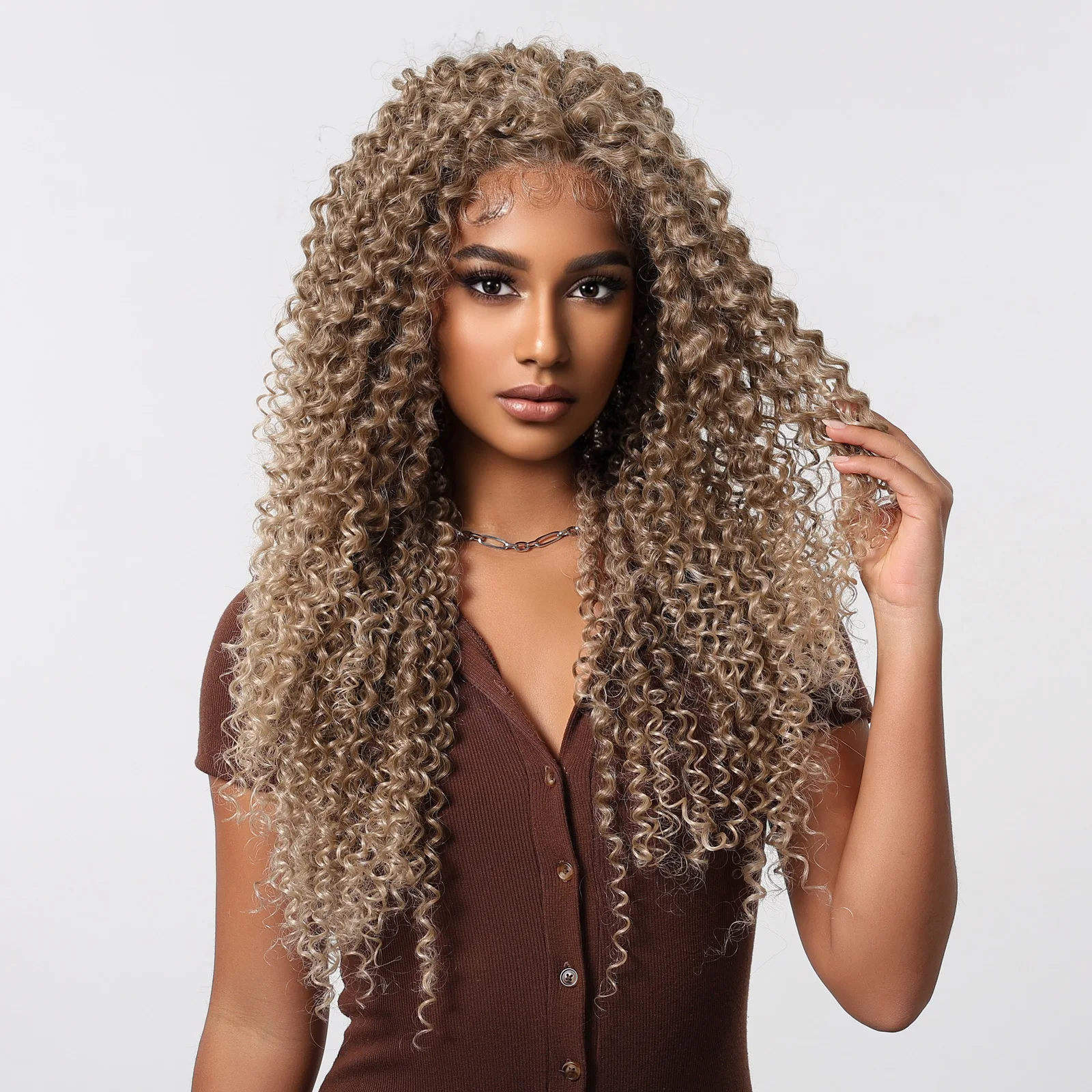 13*6 Kinky Curly Wave Lace Front Synthetic Wig for Balck Women Light Brown Golden Lace Hair Wig Heat Resistant for Daily Cosplay