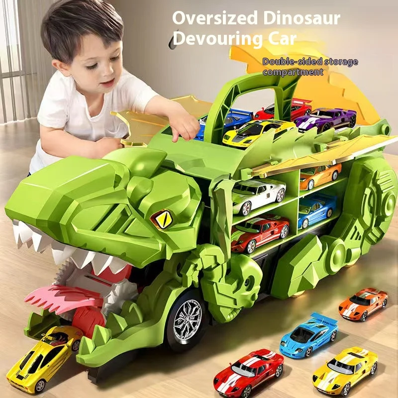 Tyrannosaurus Truck Toys Dinosaur Swallowing Track Deformation Storage Car with Alloy Racing Car Foldable Transport Car Toy Gift