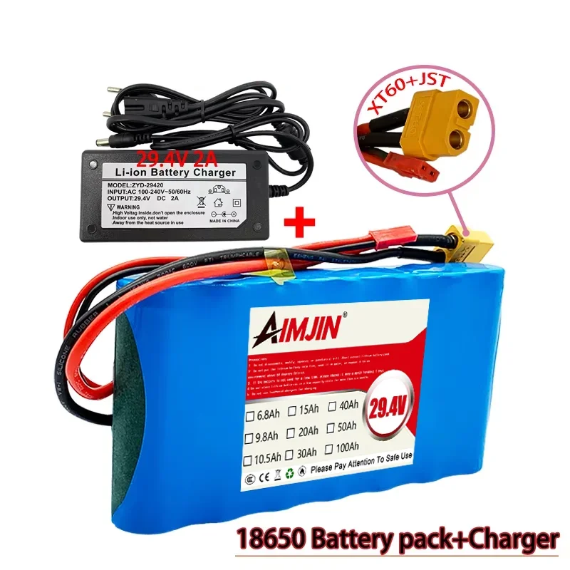 2026 New 24V/29.4V 9800mAh 7S1P lithium ion battery pack is suitable for scooter toy bicycle with built-in BMS and charger sales