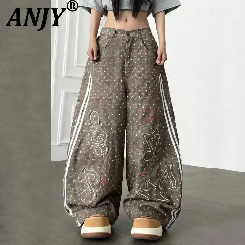 ANJY Spring Autumn New Women American Style Note Patch Polka Dot Embroider Casual Pants Loose Distressed Wide-leg Bottoms A23834