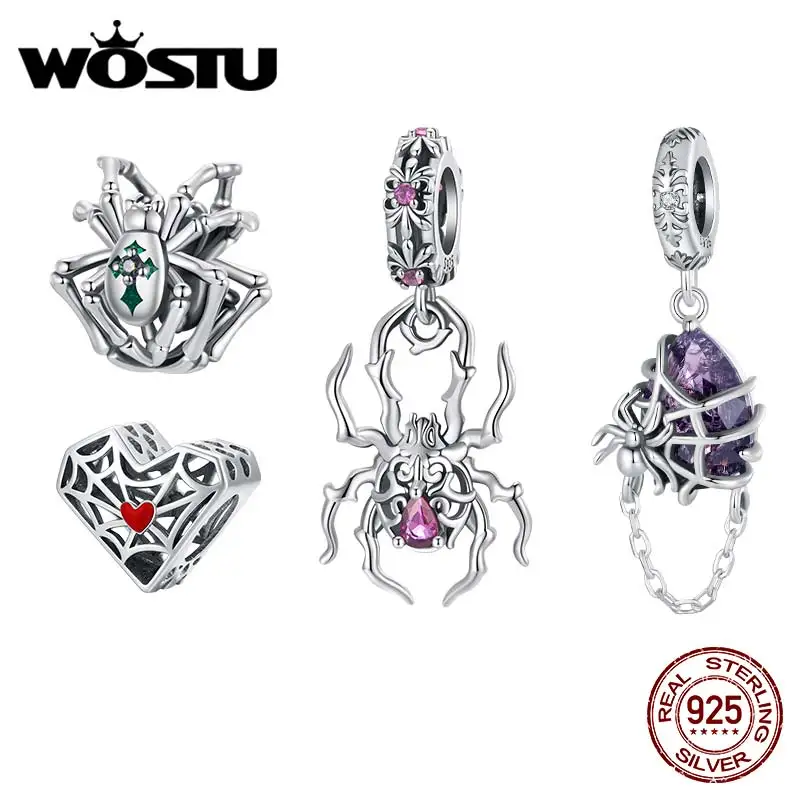 WOSTU 925 Sterling Silver Punk Gift Purple Red Green Spider Charms Pendant Bead Fit Original Bracelet Necklace DIY Birthday Gift