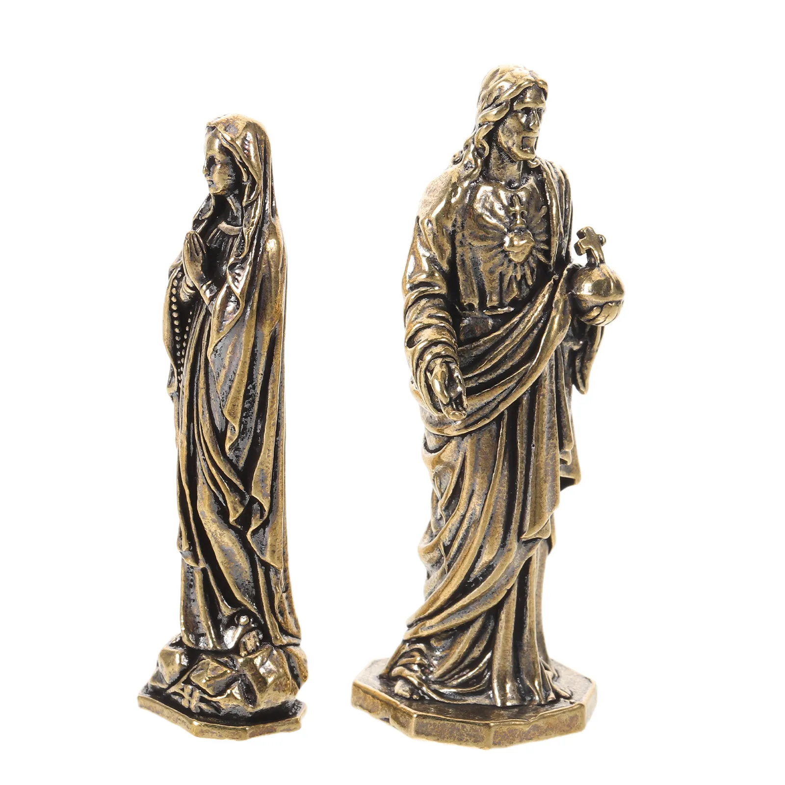 

2pcs Brass Virgin Mary Statue Catholic Mother Figurines Retro Religious Priest Ornament Blessing Sculpture for Church Display