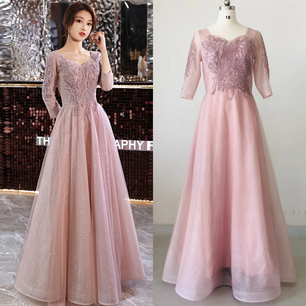 

It's Yiiya Luxurious Appliques Evening Dress Full Sleeves Zipper Back V-Neck Floor-Length A-Line Woman Formal Party Gowns A1127