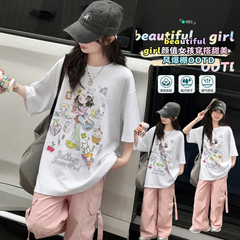 4-14 Girls' Pink Work Pants Printed T-shirt Fashion Trend Set