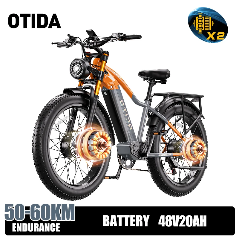 OTIDA NEW Dual Motors Mountain Elektrische Fiets, 48V20AH Batterij, 26 Inch MTB Elektrische Fiets voor Heren, Volwassenen 2*95Nm Motoren Vetbanden Ebike